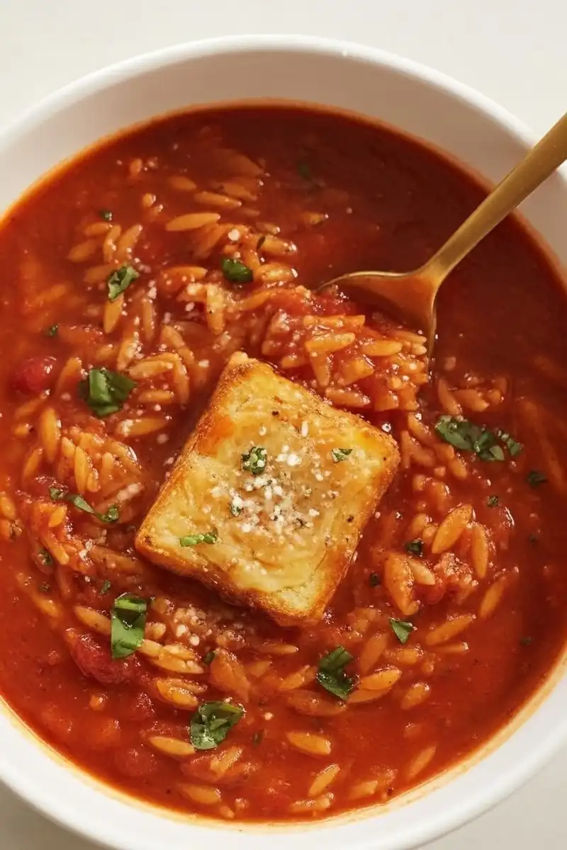 Tomato Soup with Parmesan & Orzo — Cozy, Reliable, Weeknight-Ready 1 tomato orzo soup crouton 2x3 1